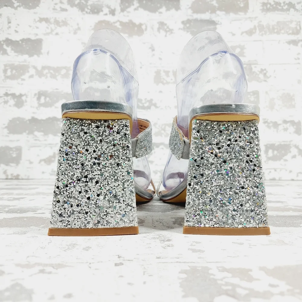 NEW Abound Carina Glitter Silver Slip On Block Heel Sandals M822 - Picture 6 of 14
